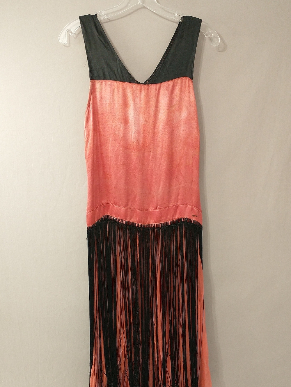 Antique 20s Flapper Dress Pink & Black Long Fringe Authentic but Rough SeeDetail